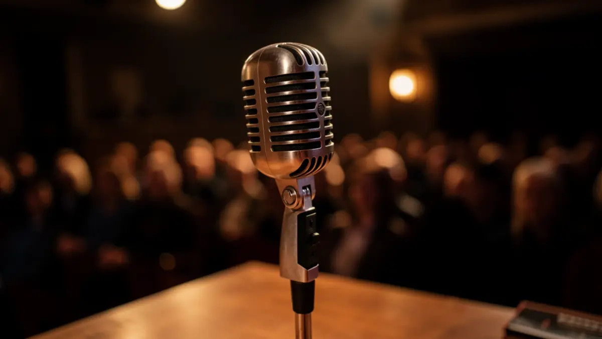 Generic image of an old microphone on a stage.