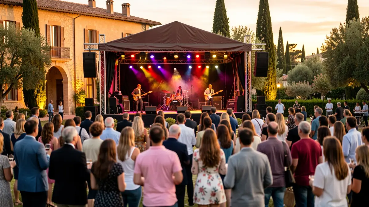 Imatge genèrica d'un escenari de festival de música a l'aire lliure amb arquitectura mediterrània al fons.