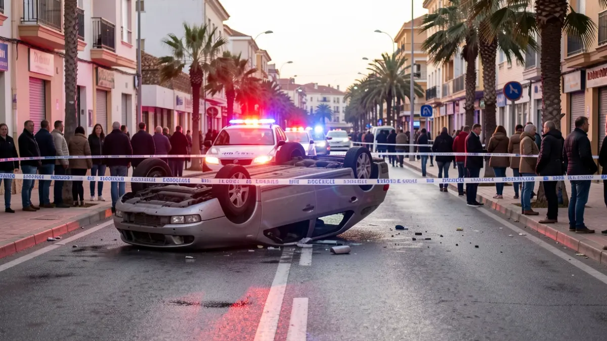 Image of an overturned car in a traffic accident in Elda, with police lights in the background.