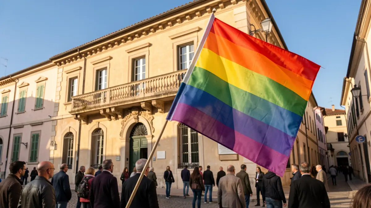 Rainbow flag waving in front of a Mediterranean town hall.
