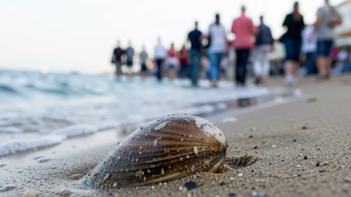 Generic image of a clam on wet sand with the sea in the background.