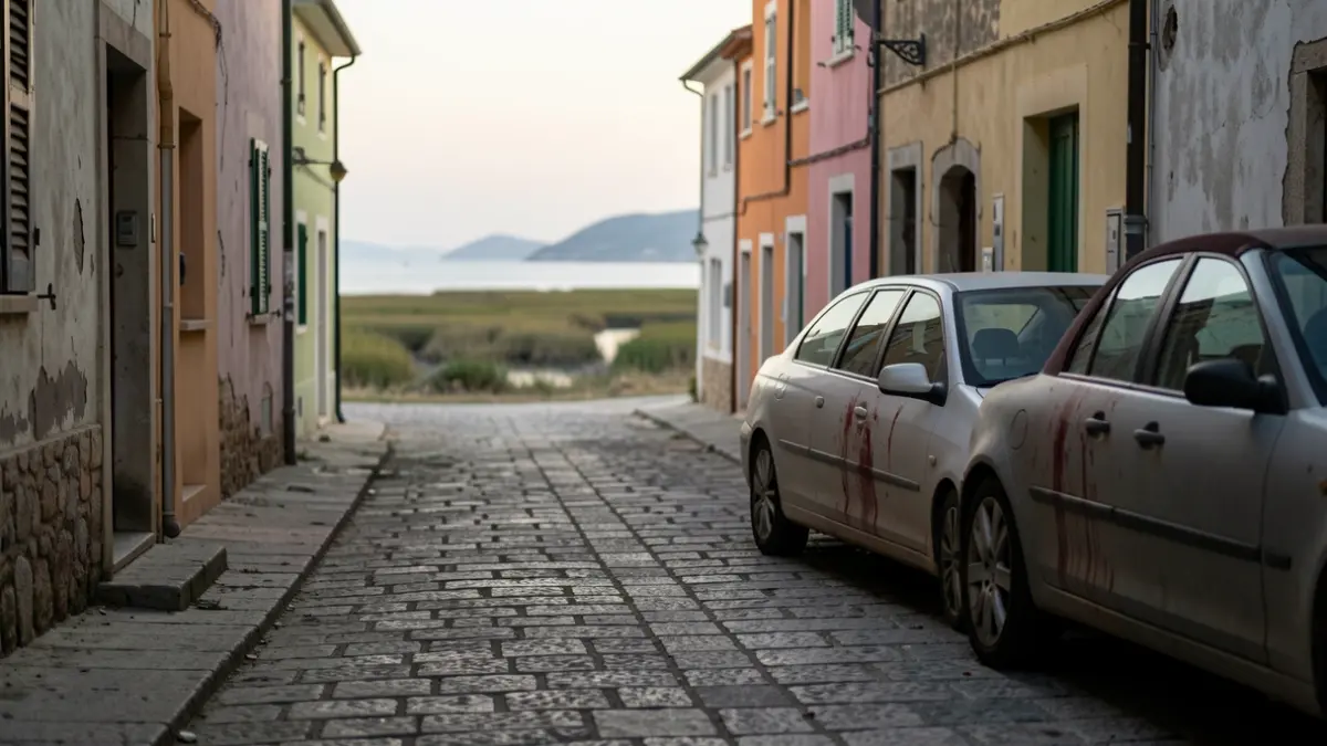 Imagen genérica de una calle costera mediterránea con un coche manchado de sangre.