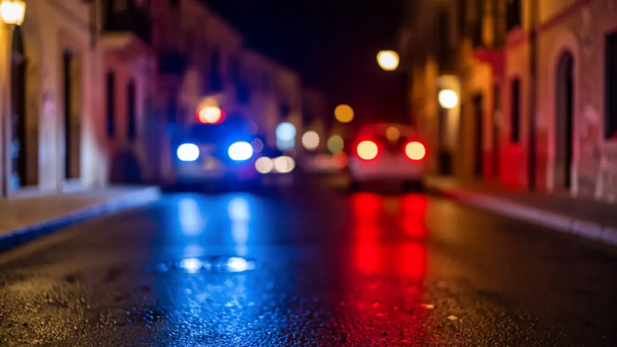 Generic image of emergency lights reflecting on wet asphalt.