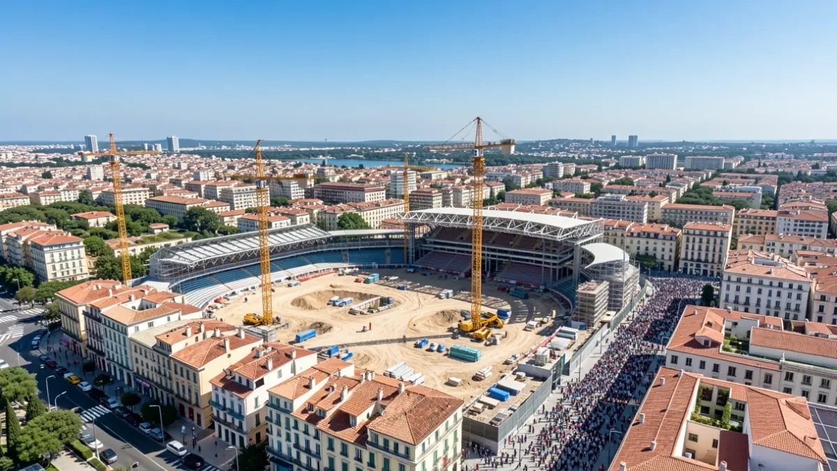 Generic image of stadium and nearby building construction in an urban area.