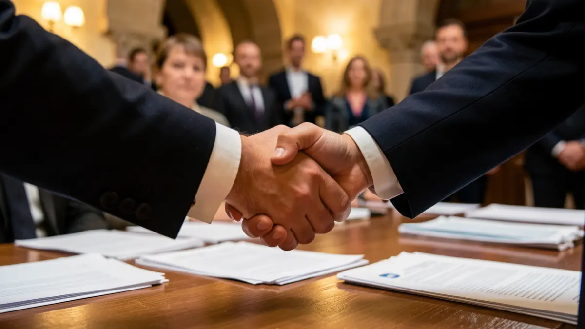 Generic image of two hands shaking over a wooden table.