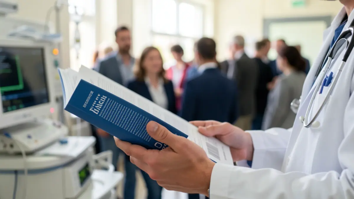 Imatge genèrica de mans d'un resident de medicina amb un llibre, en un entorn hospitalari.
