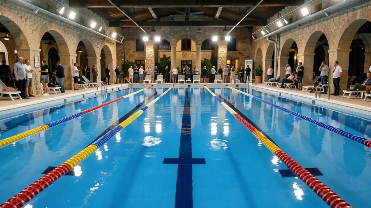 Generic image of a municipal swimming pool with lanes and clear water.