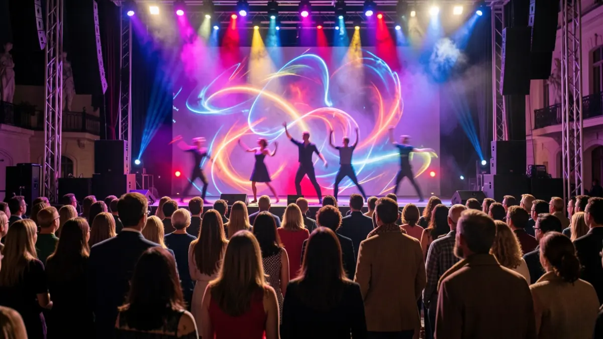 Imagen genérica de un escenario con luces abstractas y siluetas de bailarines.