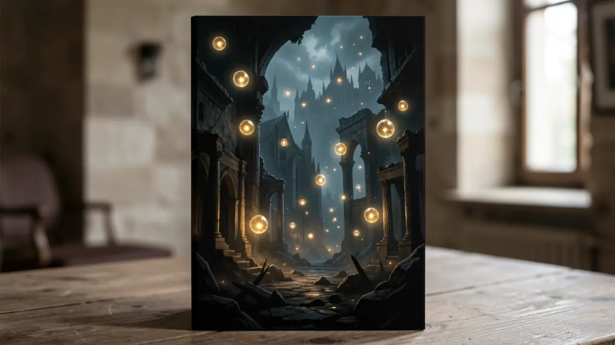 Imagen genérica de portada de novela de fantasía con elementos oscuros y luminosos.