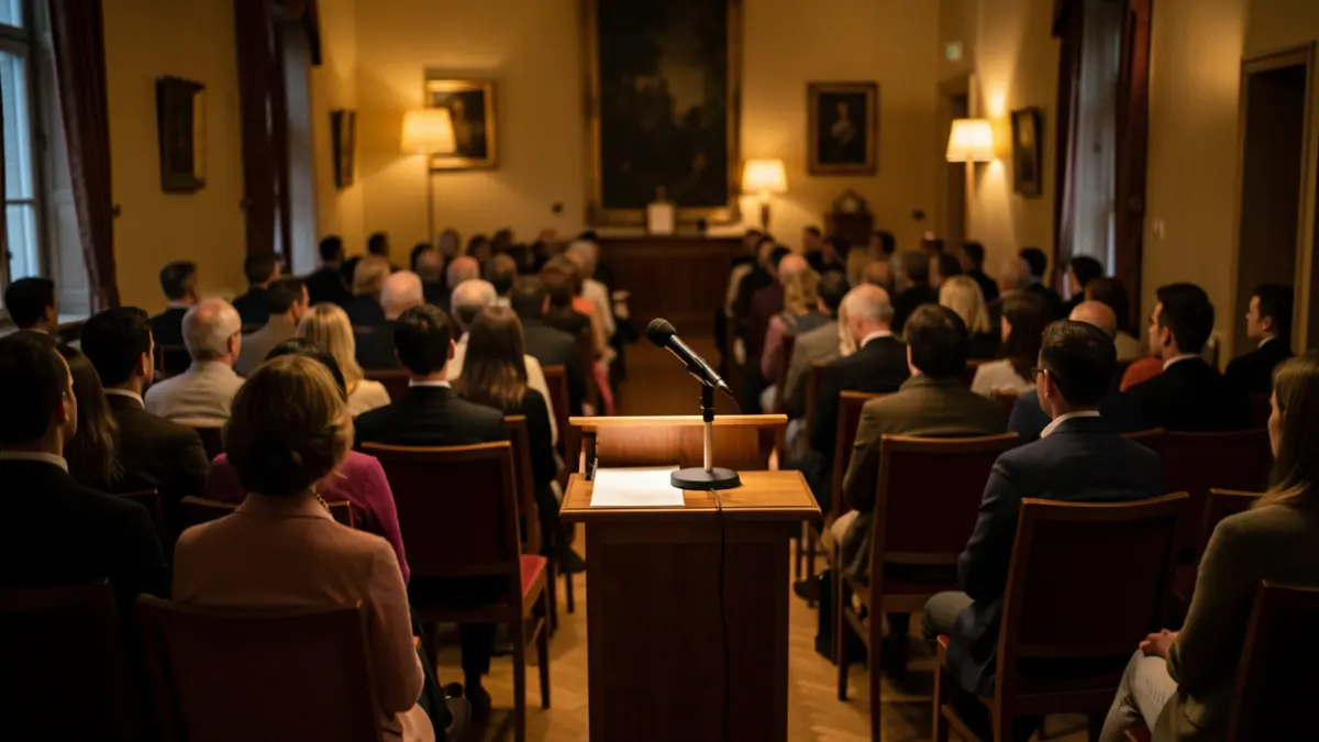 Imatge genèrica d'una sala d'actes amb un micròfon.