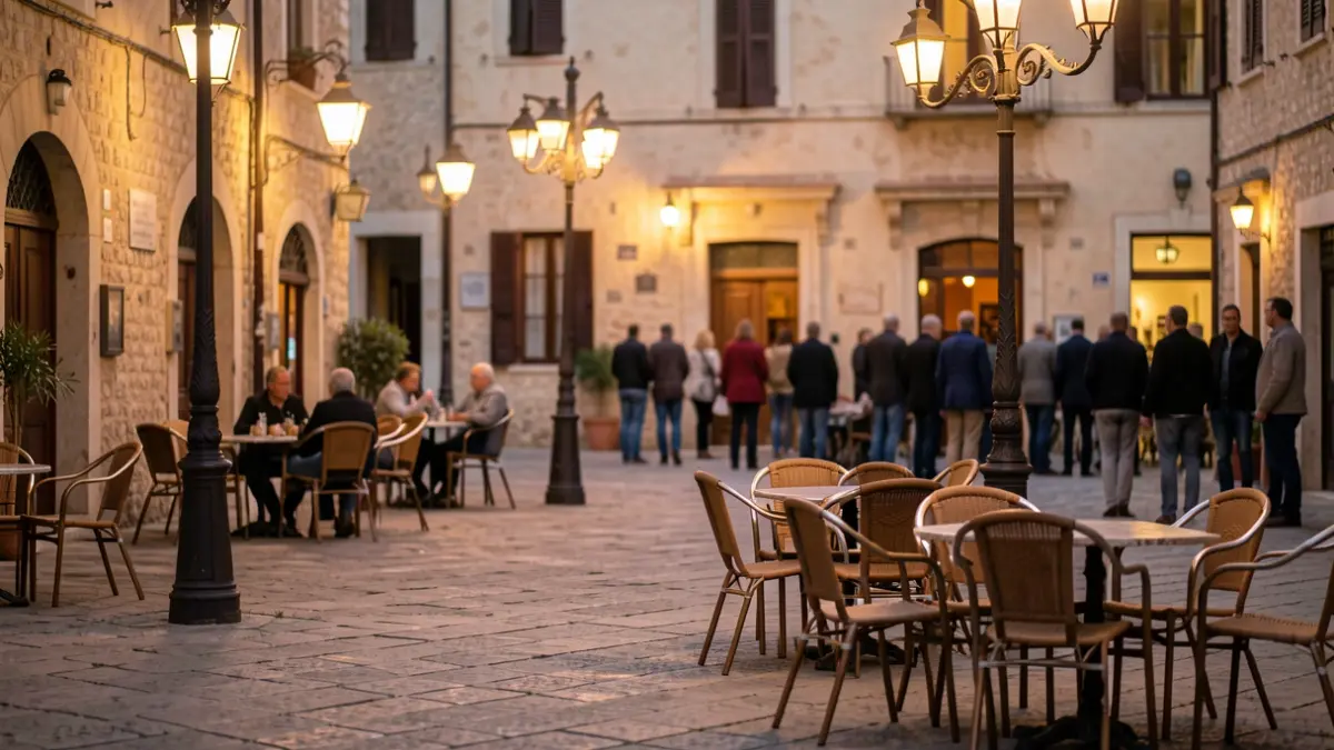 Imatge genèrica d'una plaça de poble mediterrani al capvespre amb fanals.