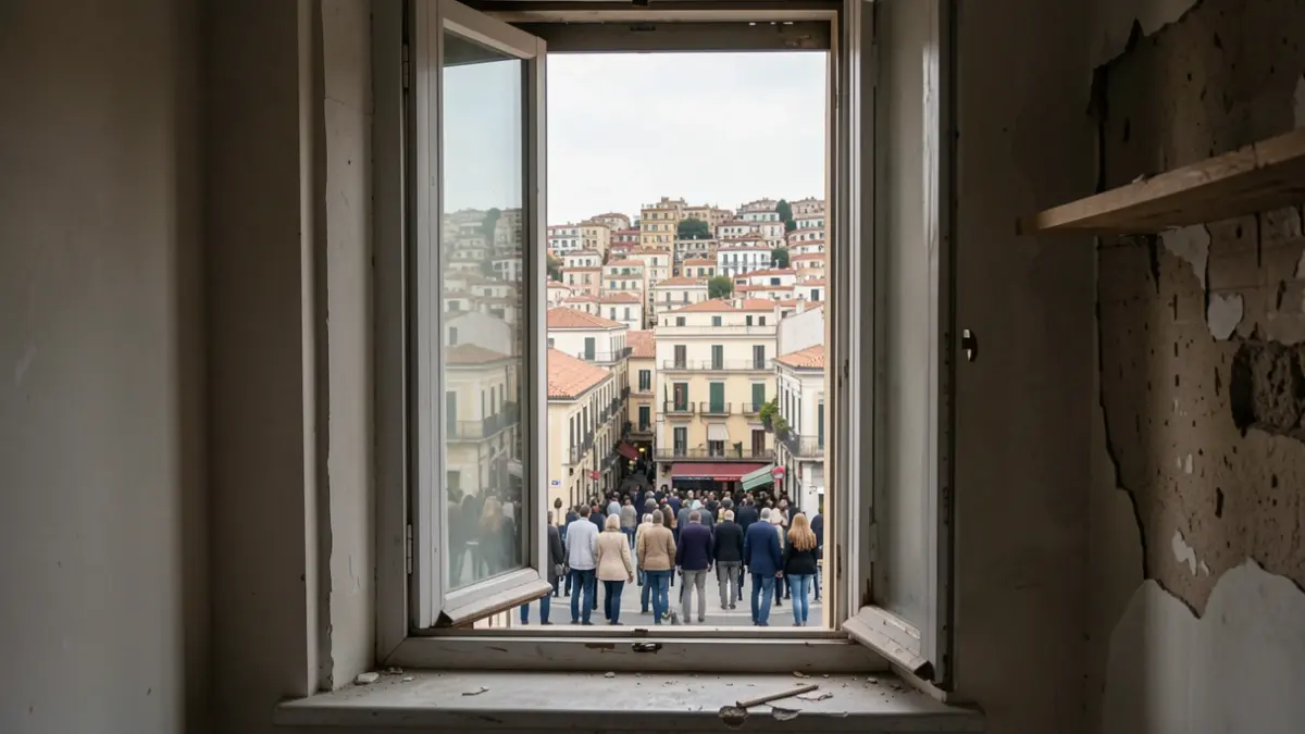 Finestra d'un apartament buit amb vista a un paisatge urbà dens, il·luminació suau.