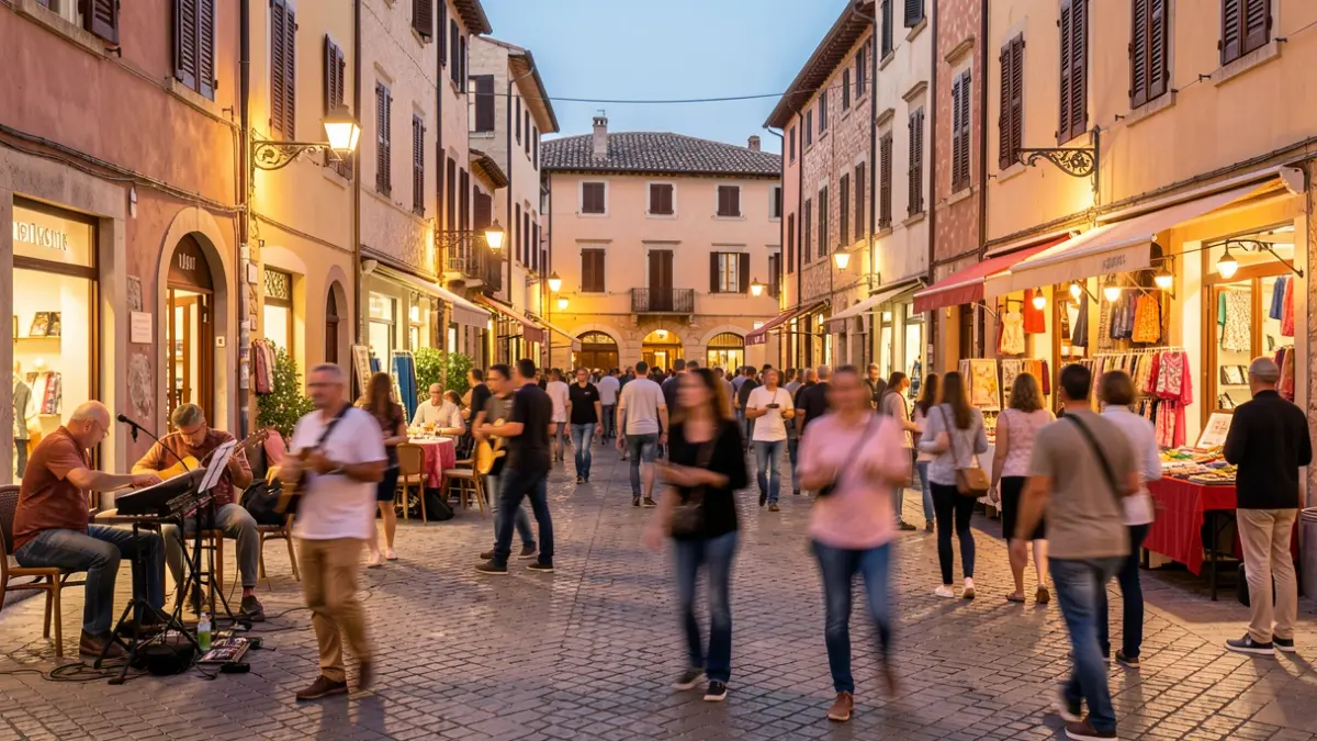 Imagen genérica de una calle animada con gente disfrutando de espectáculos y compras.