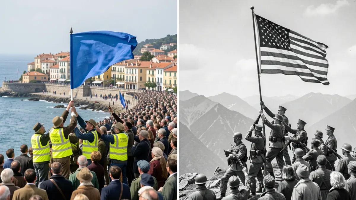 Imagen comparativa de operarios alzando una bandera en Dénia y una escena histórica de marines alzando una bandera en Iwo Jima.