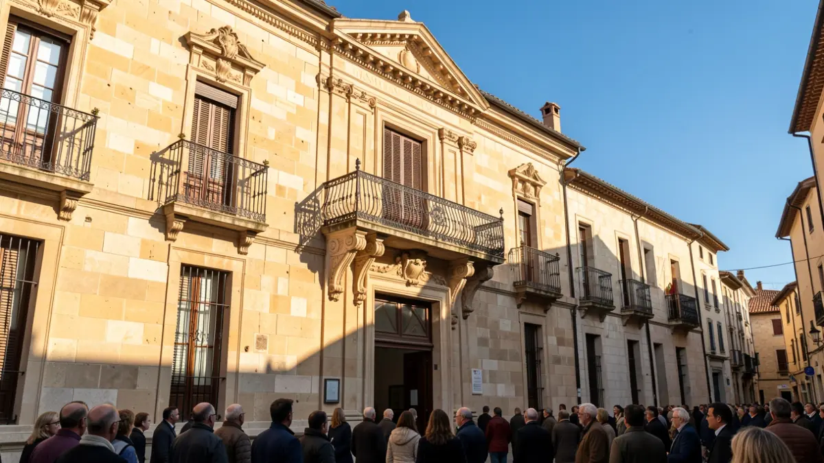 Generic image of a Mediterranean town hall facade with a balcony and iron railings, warm afternoon light.