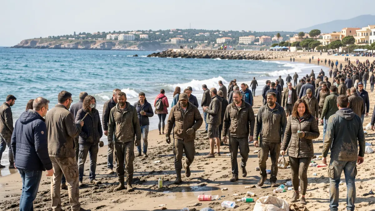 Imatge genèrica de manifestants cobrits de fang en una platja.
