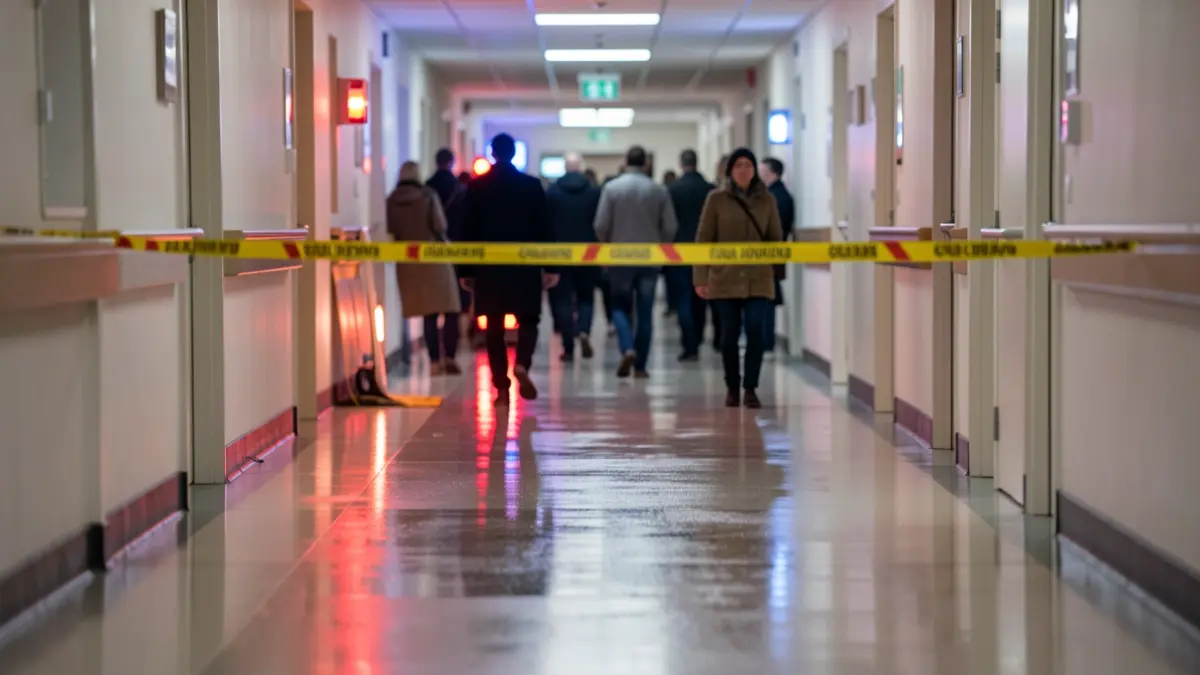 Generic image of a hospital corridor with emergency lights and wet floor.