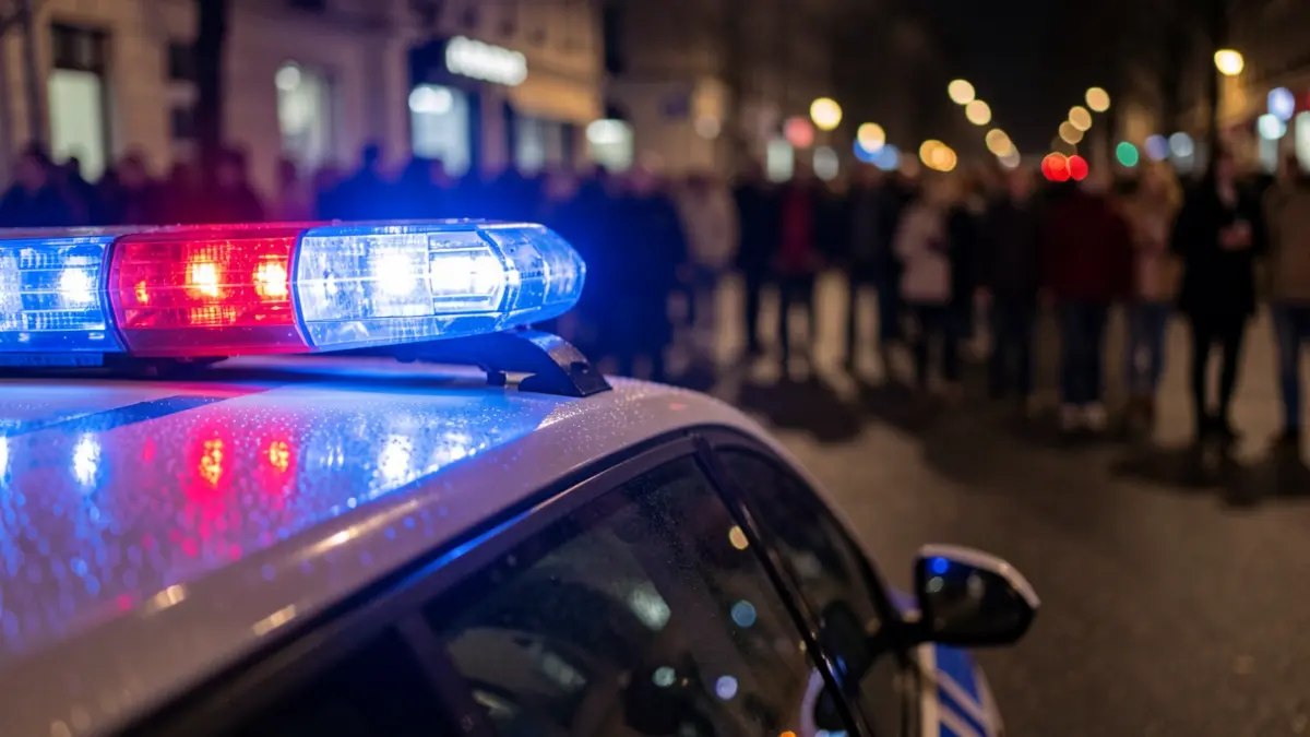 Generic image of police emergency lights reflecting on wet asphalt.