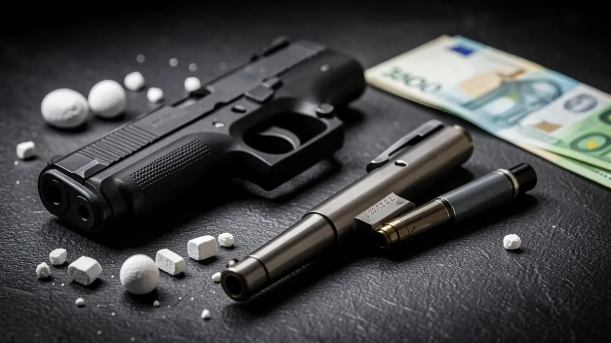Imatge d'una pistola, una arma prohibida i dosis de cocaïna.