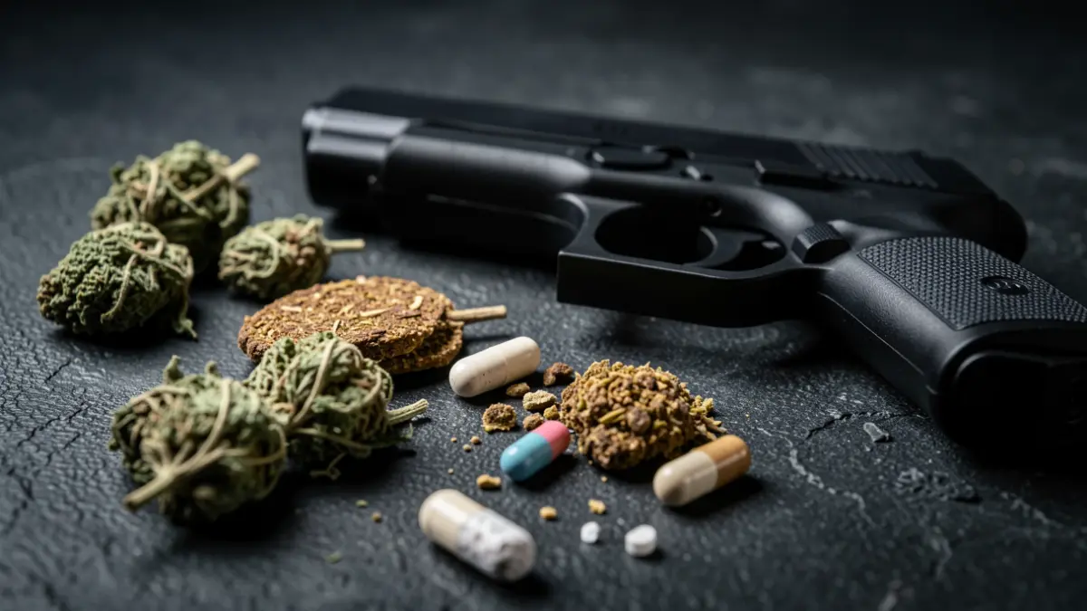 Imatge genèrica de drogues i una pistola d'aire comprimit.