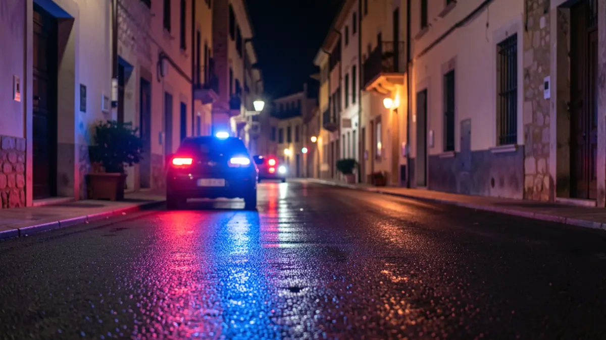 Imagen genérica de luces de emergencia policiales reflejadas en el asfalto durante la noche.
