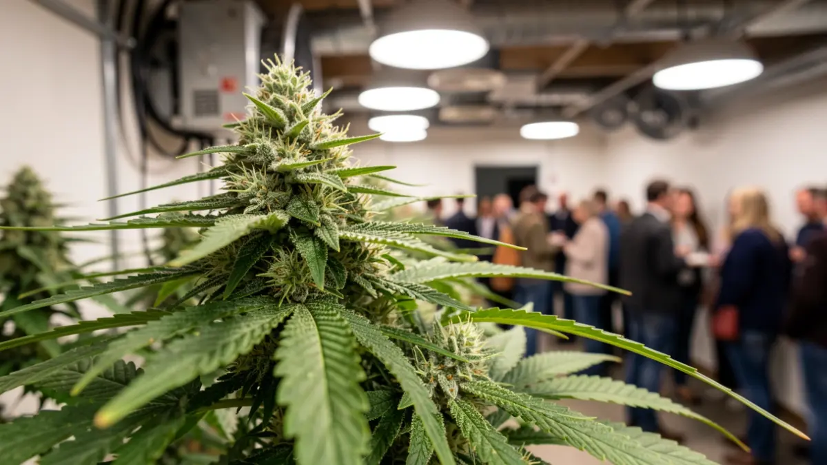 Imatge genèrica de plantes de marihuana en estat de floració avançat, amb equipament de cultiu interior desenfocat al fons.