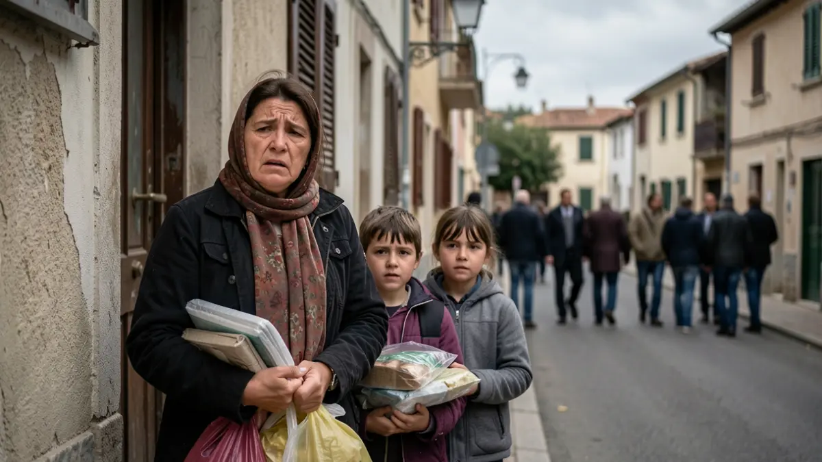 Imagen genérica de una madre y sus hijos delante de una casa.