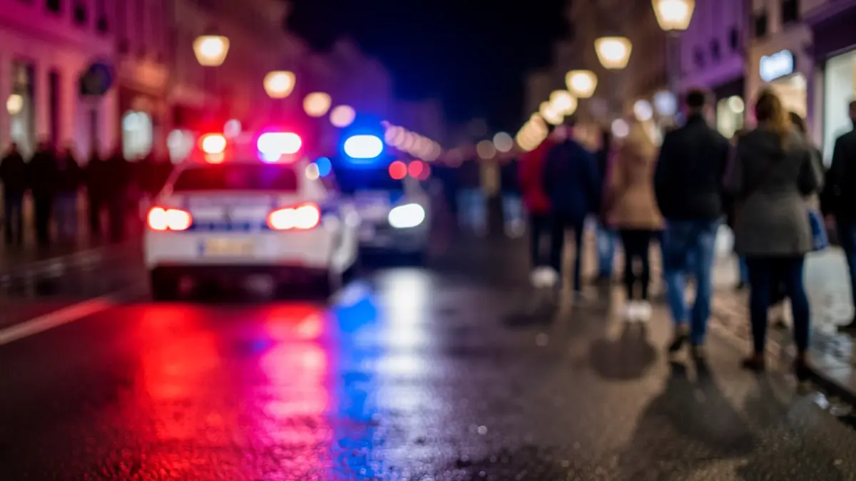 Imatge genèrica de llums d'emergència policials reflectint-se en asfalt mullat.