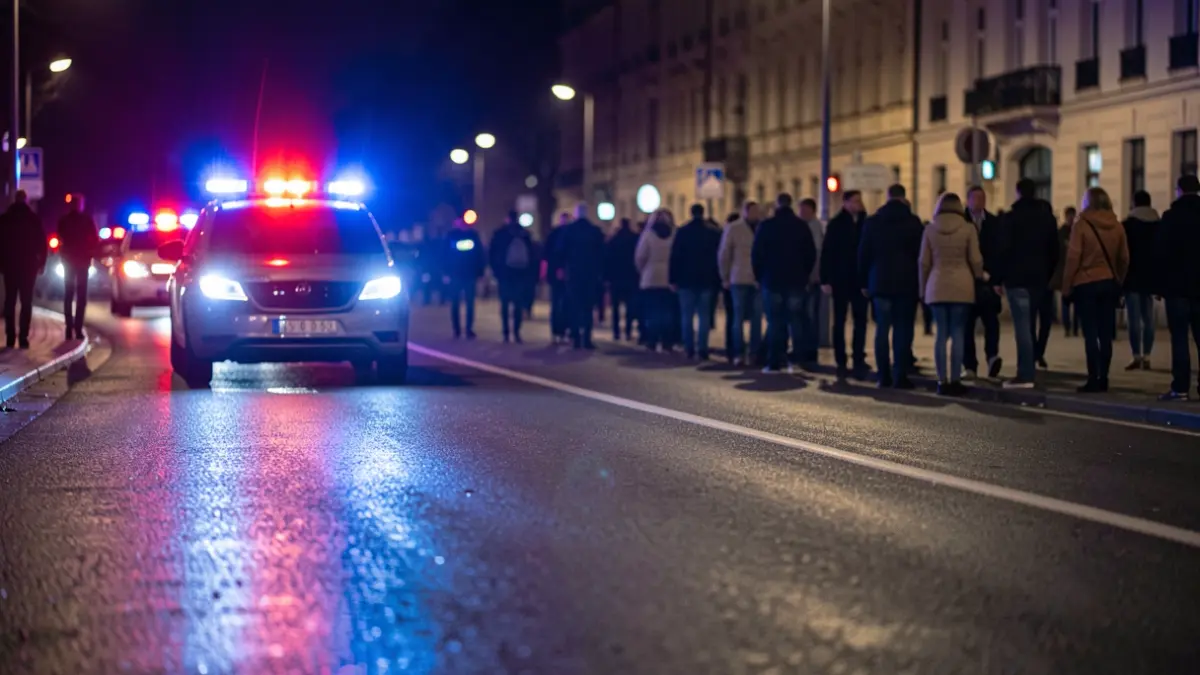 Generic image of police emergency lights reflecting on asphalt at night.