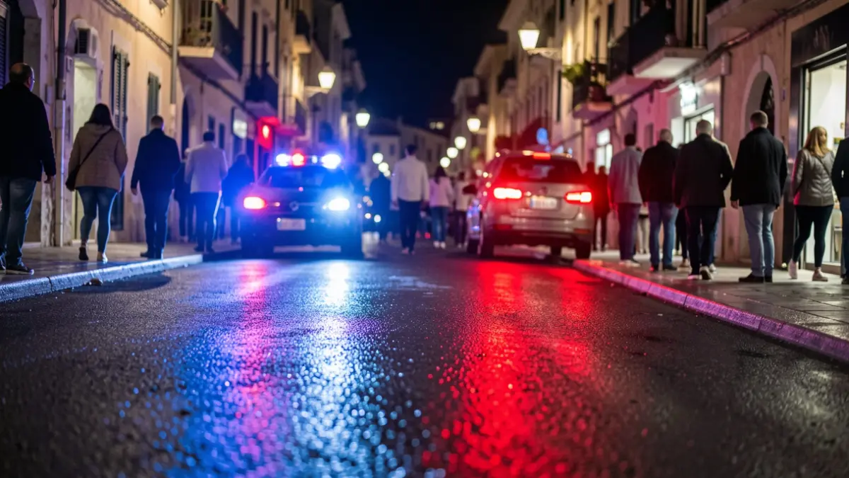 Imagen genérica de luces de emergencia policiales reflejándose en asfalto mojado de noche.
