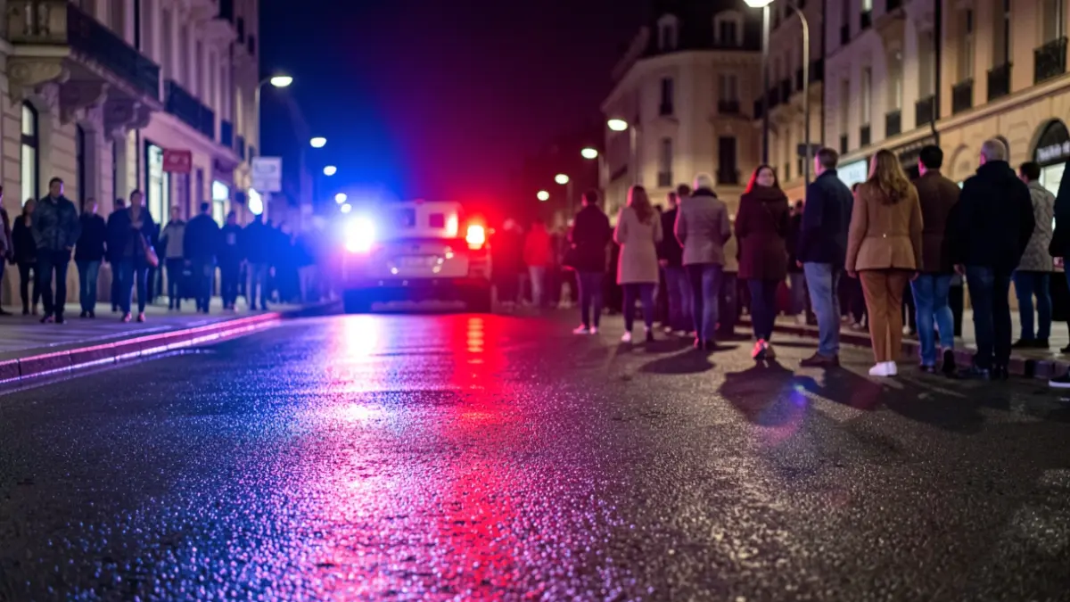 Generic image of police emergency lights reflected on asphalt.