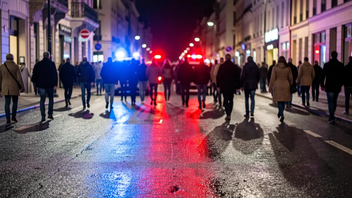 Generic image of police emergency lights reflected on asphalt.