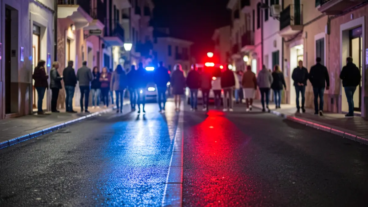 Imatge genèrica de llums d'emergència policials reflectint-se en asfalt mullat.