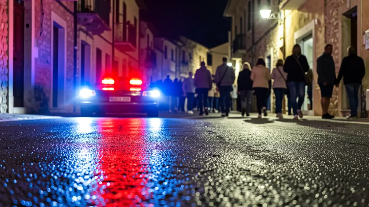 Imagen genérica de luces de emergencia policiales reflejándose en asfalto mojado de noche.