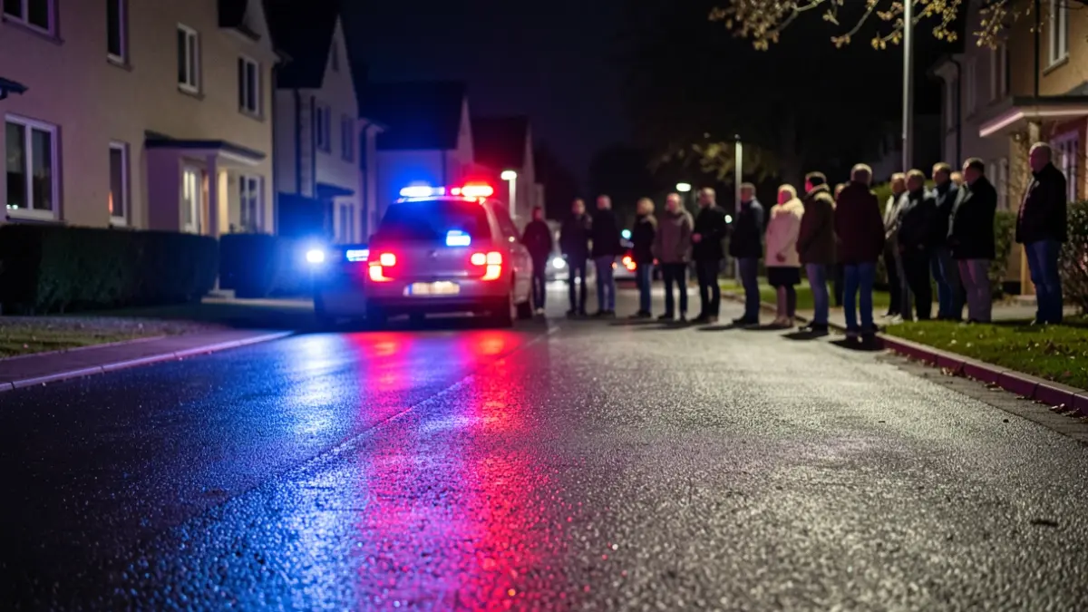 Imagen genérica de luces de emergencia policiales reflejándose en asfalto mojado de noche.