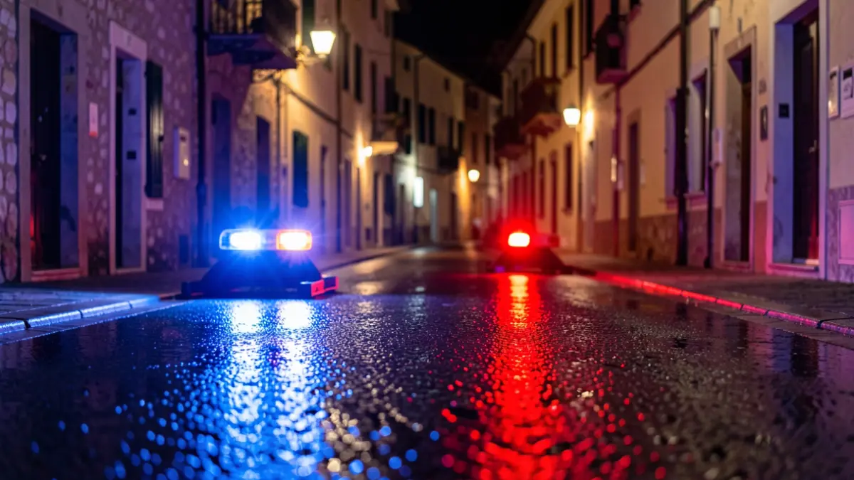 Generic image of police emergency lights reflecting on asphalt at night.
