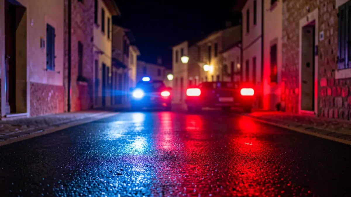 Imagen genérica de luces de emergencia policial reflejadas en el asfalto durante la noche.