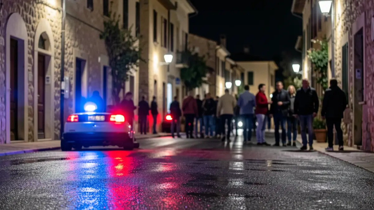 Imagen genérica de luces de emergencia policiales reflejándose en asfalto mojado de noche.