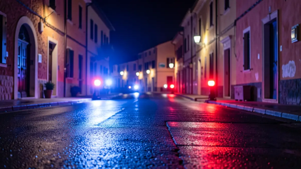 Generic image of police emergency lights reflecting on asphalt at night.