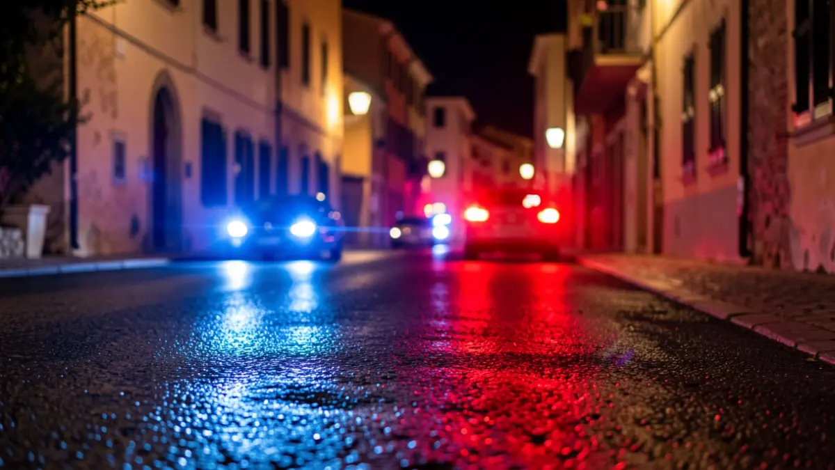 Imatge genèrica de llums d'emergència policials reflectint-se en asfalt mullat.