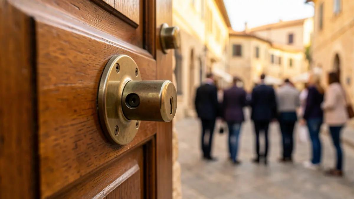 Generic image of a door lock in an urban setting.