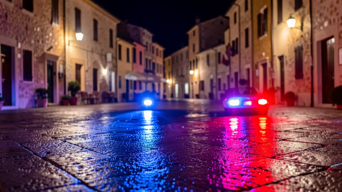 Generic image of police emergency lights reflecting on wet asphalt.