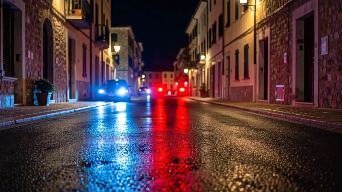 Generic image of police emergency lights reflecting on wet asphalt at night.