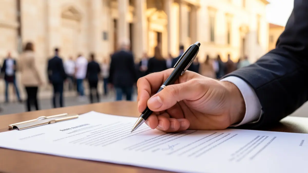Imagen genérica de una mano firmando un documento oficial.