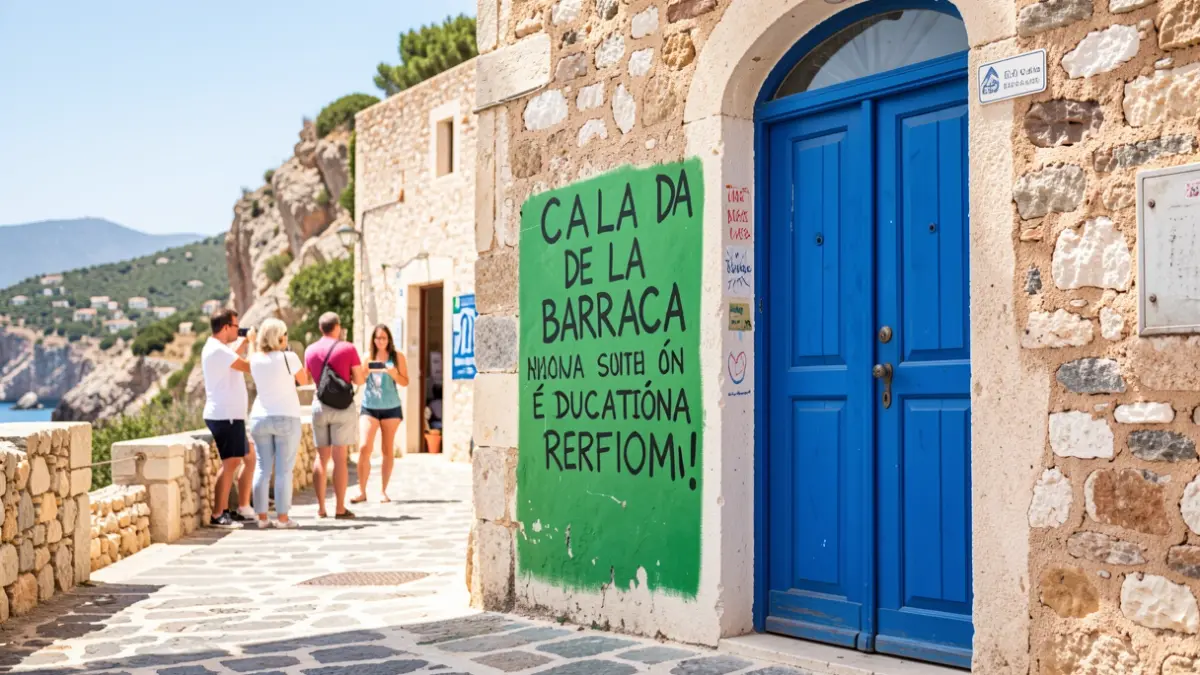 La puerta de la cala de la Barraca en Xàbia pintada de verde con lemas reivindicativos por la huelga educativa.