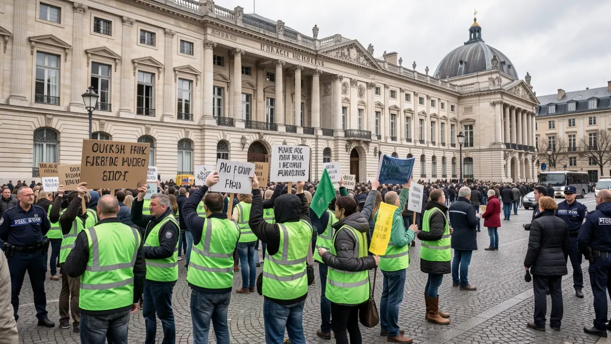 Generic image of protesters in front of an institutional building.