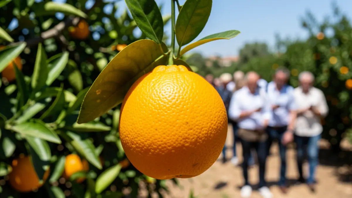 Imagen genérica de una naranja madura en un campo de huerta valenciana.
