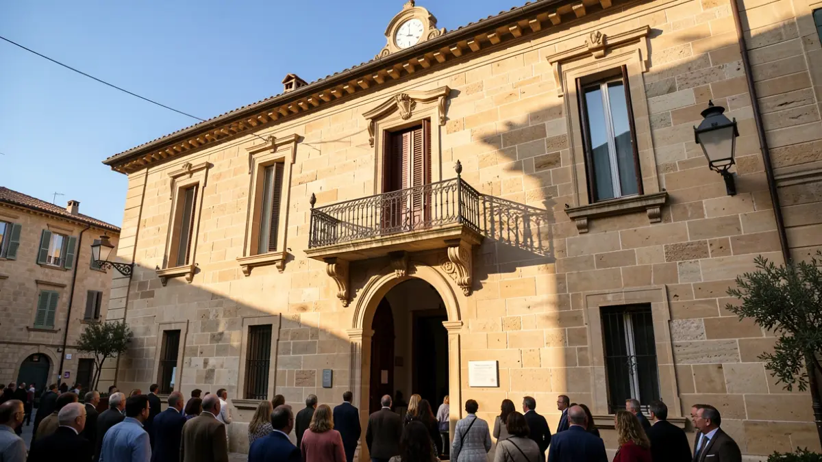 Imagen genérica de la fachada de un ayuntamiento mediterráneo con balcón y barandillas de hierro, luz de tarde.