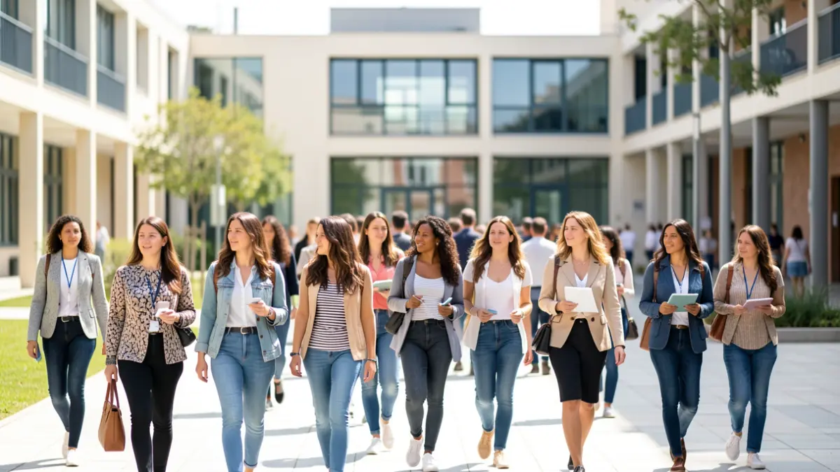 Imatge genèrica d'un grup de dones visitant un campus universitari modern.
