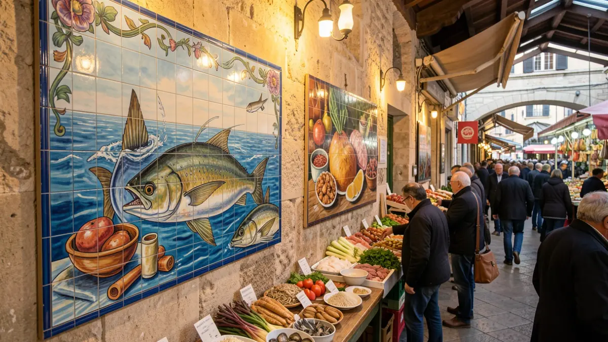 Imatge genèrica de dos grans murals ceràmics decorant l'interior d'un mercat.